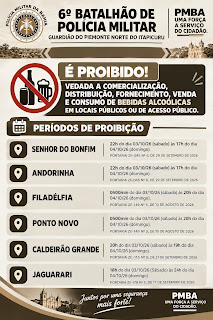 6° BPM divulga Card com horários específicos de cada municípios com período de proibição, comercialização, fornecimento, venda e consumo de bebidas alcoólicas