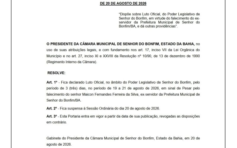 CÂMARA MUNICIPAL DECRETA LUTO OFICIAL POR 3 DIAS PELO O FALECIMENTO DE MAICON FERNANDES.