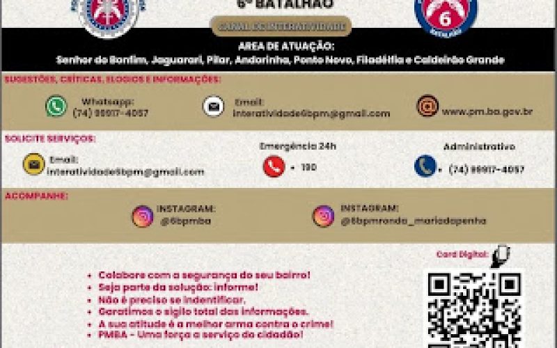 6° BPM divulga Canais de Contato e Áreas de Atuação para a População